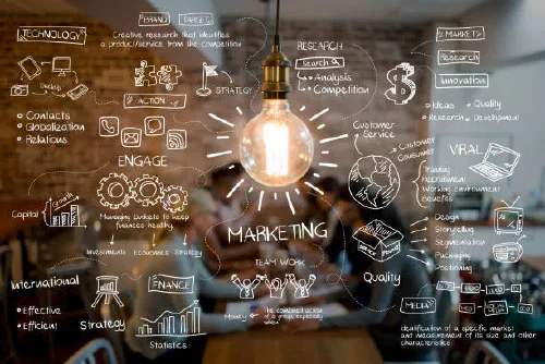Light bulb surrounded by hand-drawn marketing strategy sketches over a team meeting